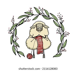 Vector card with hand drawn funny sheep knitting a scarf in graceful floral wreath. Beautiful wool products design elements, ink drawing, logo template