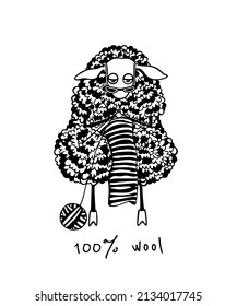 Vector Card With Hand Drawn Funny Shaggy Sheep Knitting A Scarf Made In Graphic Style. Beautiful Wool Products Design Elements, Ink Drawing, Logo Template