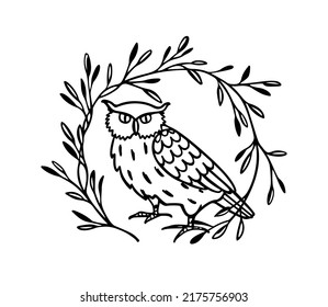 Vector card with hand drawn funny skeptical Eagle Owl in leafy wreath. Ink drawing, decorative graphic style. Beautiful animal design elements, logo template 