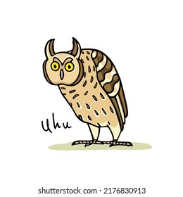 Vector card with hand drawn funny skeptical Long-Eared Owl. Ink drawing, decorative graphic style. Beautiful animal design elements, logo template 