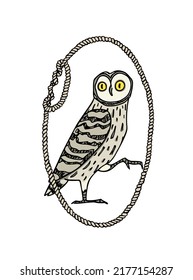 Vector card with hand drawn funny Great Grey Owl in nautical rope frame. Ink drawing, decorative graphic style. Beautiful wildlife design elements, logo template