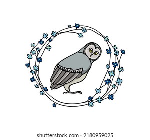 Vector card with hand drawn funny Great Grey Owl in blooming blue wreath. Ink drawing, decorative graphic style. Beautiful animal design elements, logo template 