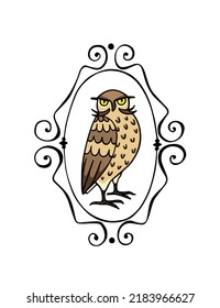 Vector card with hand drawn funny skeptical Eagle Owl in vintage frame. Ink drawing, decorative graphic style. Beautiful animal design elements, logo template 