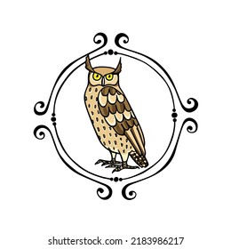 Vector card with hand drawn funny skeptical Eagle Owl in vintage frame. Ink drawing, decorative graphic style. Beautiful animal design elements, logo template 