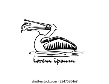 Vector card with hand drawn funny pelican catching fish in the waters. Ink drawing, decorative graphic style. Beautiful animal design elements.