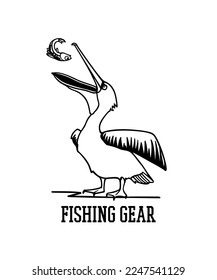 Vector card with hand drawn funny pelican catching fish. Ink drawing, decorative graphic style. Beautiful wildlife or fishing tackle retailing business design elements.