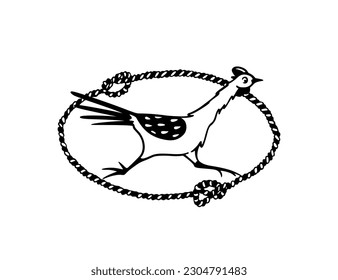 Vector card with hand drawn funny hasting chicken in nautical rope frame. Beautiful ink drawing, heavy contour, graphic style. Perfect elements for food or farming logo design.