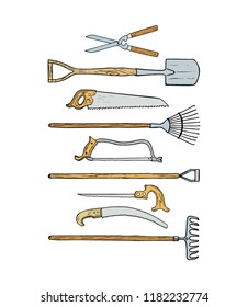 Vector card  with hand drawn garden tools. Beautiful design elements, ink drawing