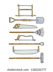 Vector card  with hand drawn garden tools. Beautiful design elements, ink drawing