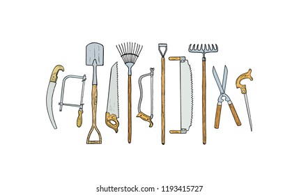 Vector card  with hand drawn garden tools. Beautiful design elements, ink drawing