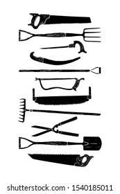 Vector card  with hand drawn garden tools. Beautiful design elements, ink drawing, linocut style