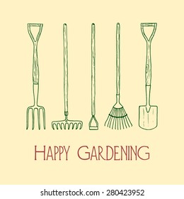 Vector card with hand drawn garden tools - fork, spade, hoe, rake and lawn rake. Beautiful design elements.