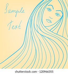 Vector card with hand drawn girl. Cascade straight hair.