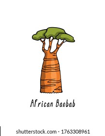 Tarjeta vectorial de baobab con mano. Bellos elementos de diseño, dibujo de tinta, afiche de viajes de África