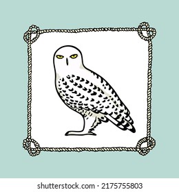 Vector card with hand drawn gorgeous snowy owl in nautical rope frame. Ink drawing, decorative graphic style. Beautiful wildlife design elements, logo template
