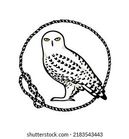 Vektorkarte mit handgezeichnet schneebedeckter Eule im nautischen Seilrahmen. Tintenzeichnung, dekorativer Grafikstil. Schöne Designelemente für wild lebende Tiere, Logo-Vorlage