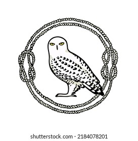 Vector card with hand drawn gorgeous snowy owl in nautical rope frame. Ink drawing, decorative graphic style. Beautiful wildlife design elements, logo template