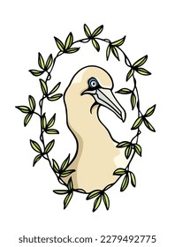 Vector card with hand drawn gorgeous Gannet in graceful floral wreath. Beautiful wild animal illustration, ink drawing, graphic style. Logo template