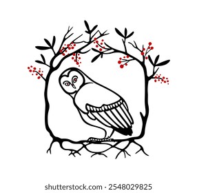 Vector card with hand drawn gorgious Great Grey Owl in floral red berry wreath. Ink drawing, decorative graphic style. Beautiful wildlife design elements, logo template