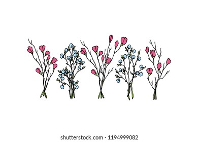 Vector card with hand drawn graceful flowers. Beautiful floral design elements, ink drawing