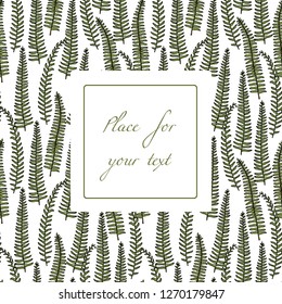 Vector card with hand drawn graceful fern leaves. Ink drawing, beautiful floral design elements.