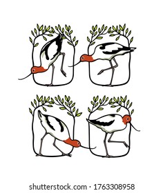 Vector card with hand drawn graceful avocets in leafy wreath made with ink. Beautiful animal design elements