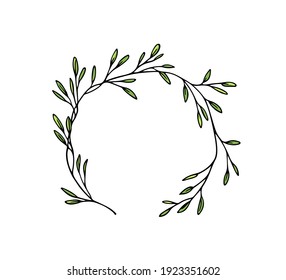 Vector card with hand drawn graceful leafy wreath. Ink drawing, wild nature elements, graphic style. Beautiful wedding or greetings design element