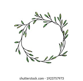 Vector card with hand drawn graceful leafy wreath. Ink drawing, wild nature elements, graphic style. Beautiful wedding or greetings design element