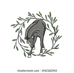 Vector card with hand drawn graceful standing grey horse in green leafy wreath made with ink. Beautiful drawing, animal illustration