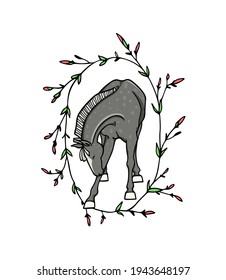 Tarjeta vectorial con un elegante caballo gris de pie dibujado a mano en una corona floral hecha con tinta. Dibujo hermoso, ilustración animal