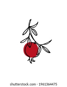 Vector card with hand drawn graceful pomegranate branch with ripe red fruit. Beautiful ink drawing, graphic style. Food and nature design elements.