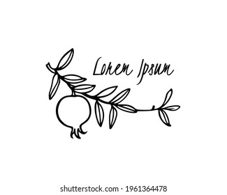 Vector card with hand drawn graceful pomegranate branch. Beautiful ink drawing, graphic style. Food and nature design elements.