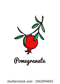 Vector card with hand drawn graceful pomegranate branch. Beautiful ink drawing, graphic style. Food and nature design elements.