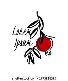 Vector card with hand drawn graceful pomegranate branch with ripe red fruit. Beautiful ink drawing, graphic style. Food and nature design elements.