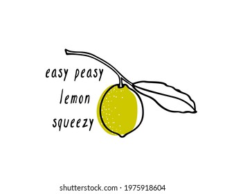 Vector card with hand drawn graceful lemon branch with fruit. Beautiful ink drawing, graphic style. Food and nature design elements.