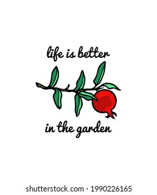 Vector card with hand drawn graceful pomegranate branch celebrating gardening. Beautiful ink drawing, graphic style. Food and nature design elements.