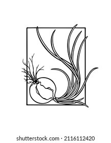 Tarjeta vectorial con cebolla graceada dibujada a mano en el marco. Dibujo de tinta, estilo gráfico. Bonitos elementos de diseño de alimentos saludables