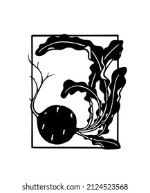 Vector card with hand drawn graceful beet plant in frame. Ink drawing, graphic linocut style. Beautiful healthy food design elements