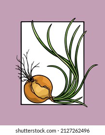 Vector card with hand drawn graceful common onion  plant in frame. Ink drawing, graphic style. Beautiful healthy food design elements