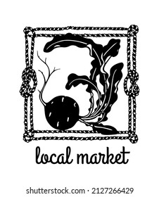 Vector card with hand drawn graceful beet plant in rope frame. Ink drawing, graphic linocut style. Beautiful healthy food and local markets design elements