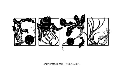 Tarjeta vectorial con verduras grávidas dibujadas a mano en marcos. Dibujo de tinta, estilo de línea gráfica. Bonitos elementos de diseño de alimentos saludables