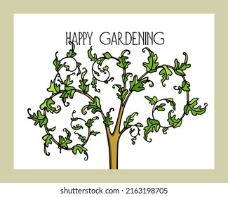 Vector card with hand drawn graceful quaint tree with rich leafy branches. Ink drawing, decorated medieval style. Beautiful gardening or floral design elements