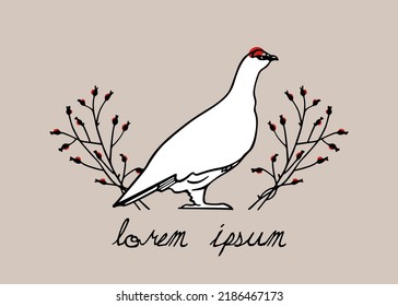 Vector card with hand drawn graceful rock ptarmigan with red eyebrows in winter floral wreath. Ink drawing, decorative graphic style. Beautiful northern wild nature design elements
