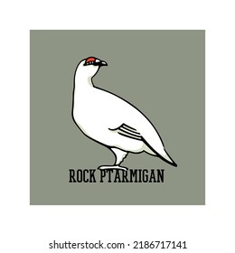 Vector card with hand drawn graceful rock ptarmigan. Ink drawing, decorative graphic style. Beautiful animal design elements, Scotland or Canada travel poster 