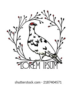 Vektorkarte mit handgezeichnetem Motley-Rock-ptarmigan im blühenden Winterreath. Tintenzeichnung, dekorativer Grafikstil. Schöne Elemente des Tierdesigns, nördliche Zielorte Reiseplakat