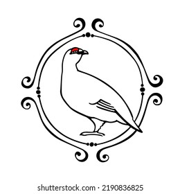 Vector card with hand drawn graceful snowy white rock ptarmigan in elegant vintage frame. Ink drawing, decorative graphic style. Beautiful animal design elements,  travel poster 