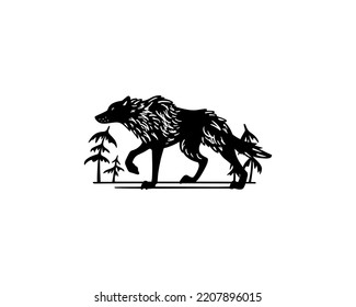 Vector card with hand drawn graceful gray wolf traveling in the woods. Ink drawing, graphic style. Beautiful design elements, logo template