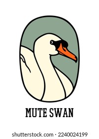 Vector card with hand drawn graceful Mute Swan in austere ellipse frame. Beautiful wild animal illustration, ink drawing, graphic style. Logo template