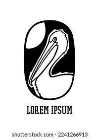 Vector card with hand drawn graceful Pelican in austere ellipse frame on lunar background. Beautiful wild animal illustration, ink drawing, graphic style. Logo template