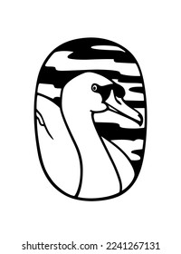 Vector card with hand drawn graceful Mute Swan in austere ellipse frame. Beautiful wild animal illustration, ink drawing, graphic style. Logo template